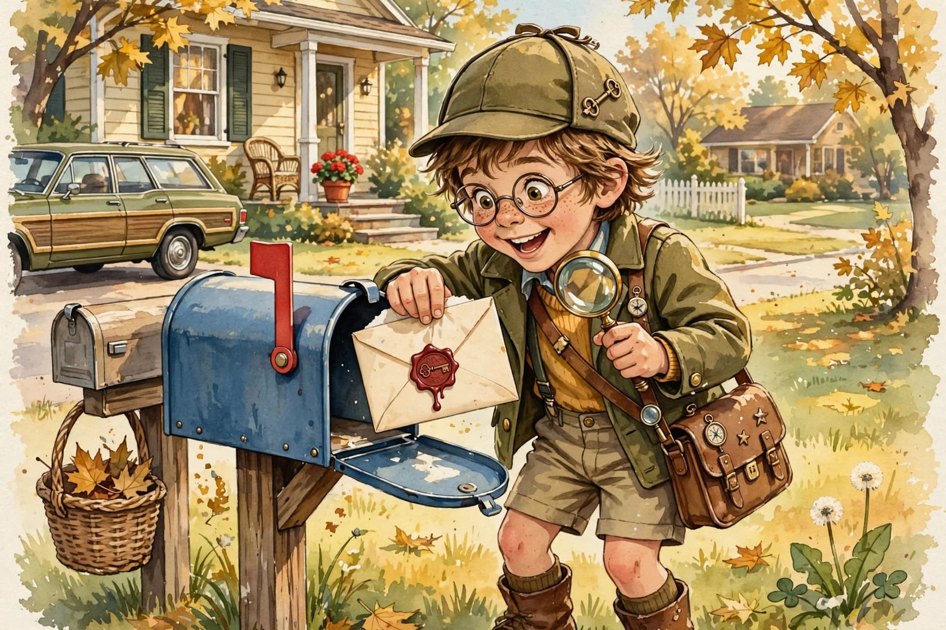 A young detective pulling a wax-sealed mystery letter from a mailbox
